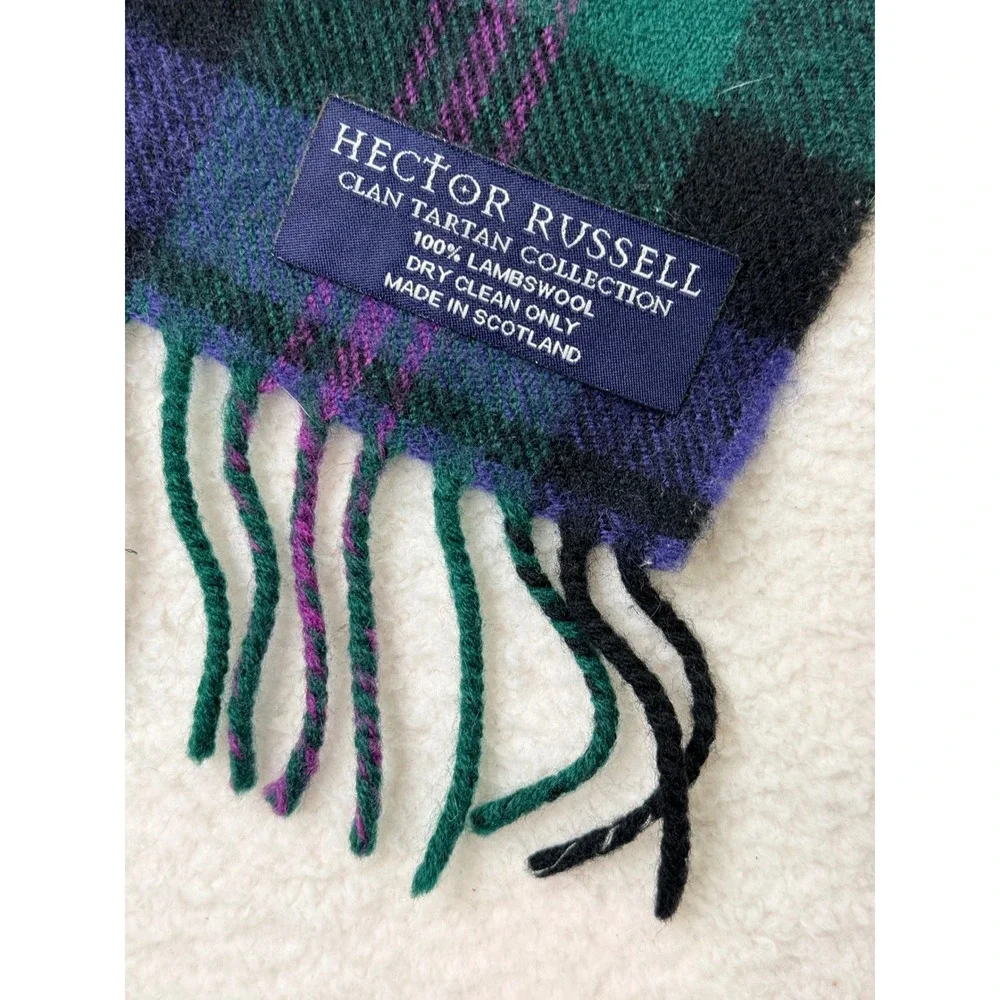 Hector Russell Clan Tartan Scarf 100% Lambswool Made in Scotland‎ Purple Plaid